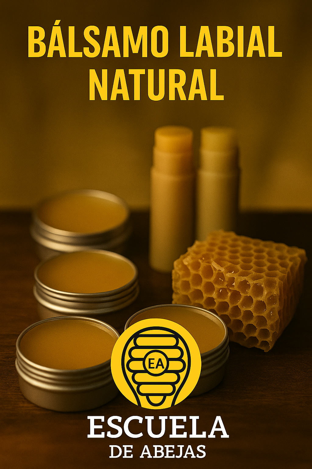 Bálsamo labial natural en tubo, elaborado con cera de abejas. Formato 9:16.