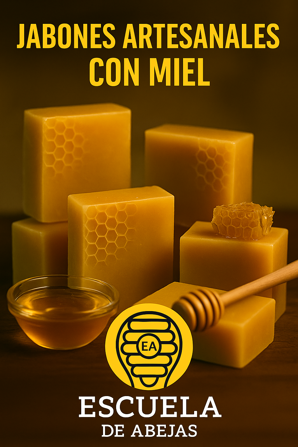 Jabones artesanales redondos con diseño de panal, hechos con miel de Escuela de Abejas. Formato 9:16.