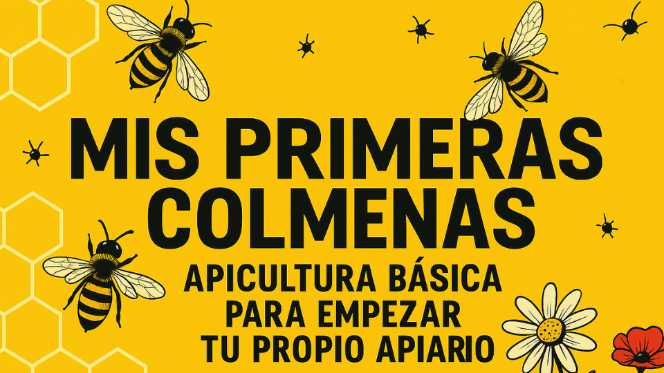 Portada del curso Mis Primeras Colmenas: Apicultura básica para empezar tu propio apiario, con diseño en fondo amarillo, abejas ilustradas, panales y flores.