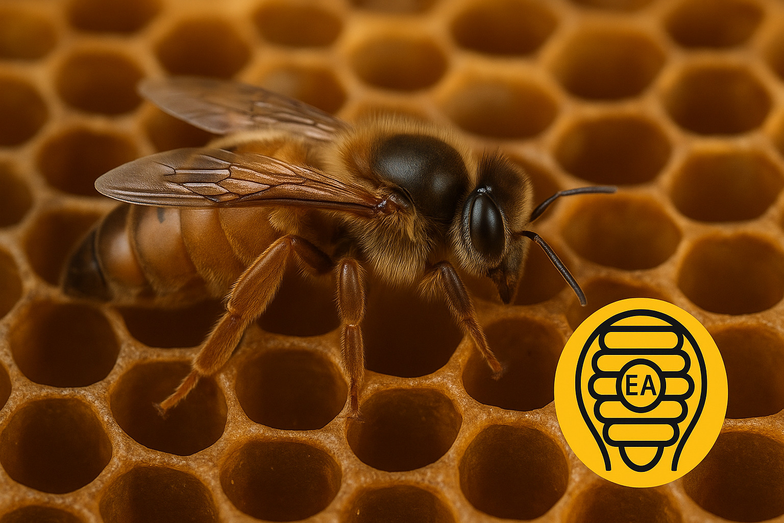 Vista panorámica de un panal con una reina italiana de Escuela de Abejas y sus obreras.